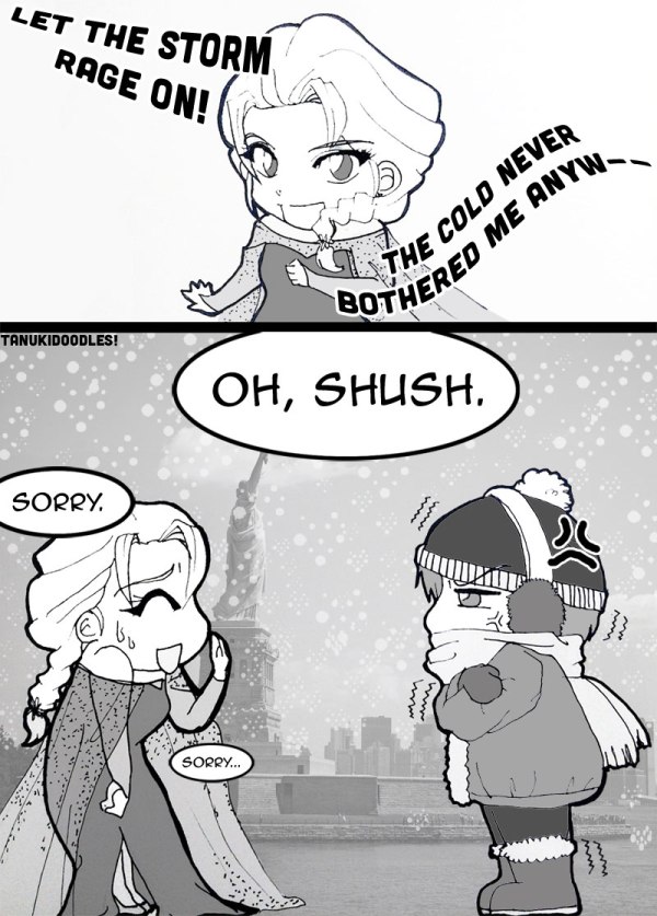 Elsa from Frozen by Disney and the cold weather in New York