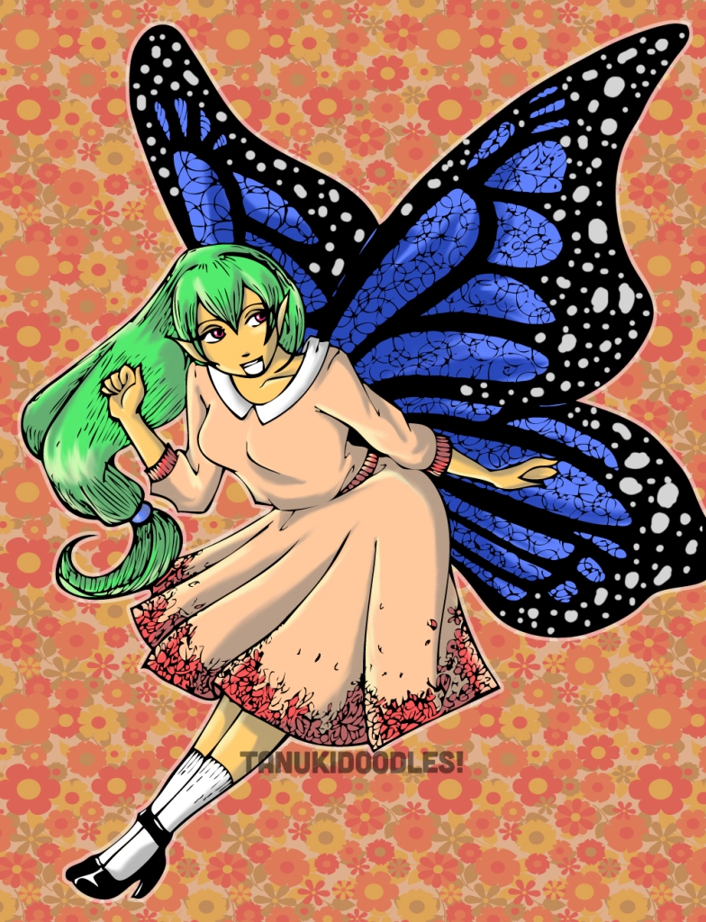 butterfly fairy girl tanned skin green hair blue wings monarch papillon cute dress mary janes